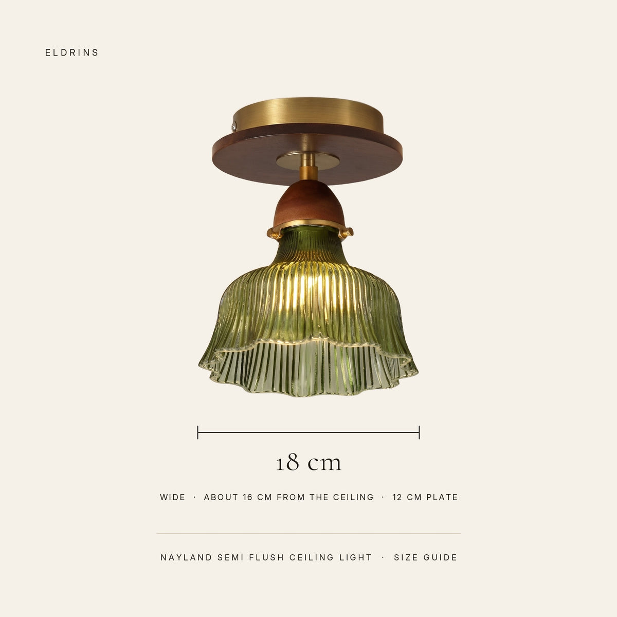 Nayland semi flush ceiling light size guide: 18 cm wide, about 16 cm from the ceiling, 12 cm plate