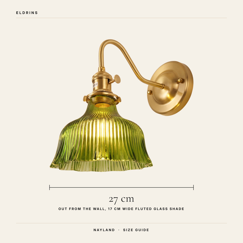 Nayland wall light size guide, about 27 cm out from the wall, 17 cm wide fluted glass shade