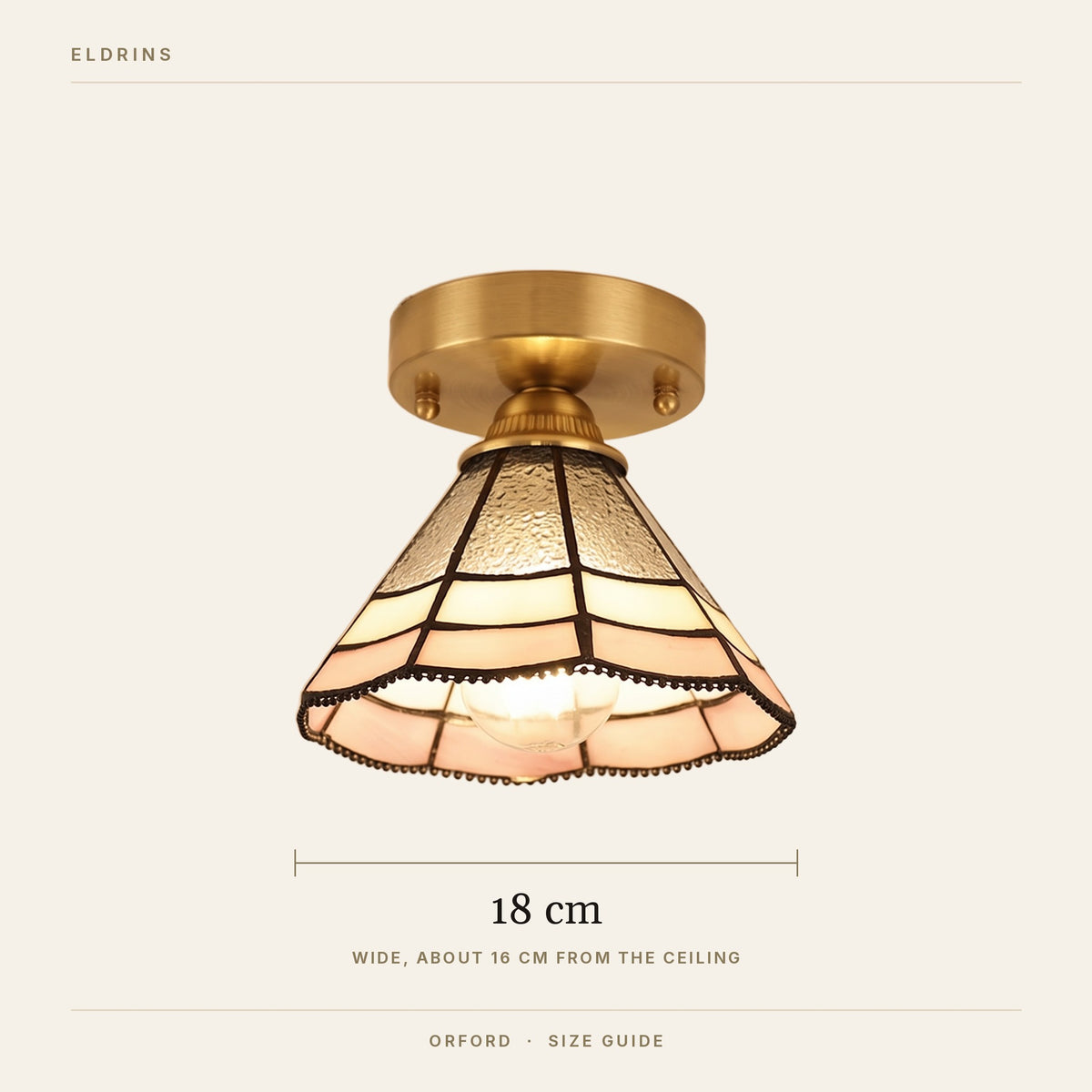 Orford ceiling light size guide, 18 cm wide, about 16 cm from the ceiling