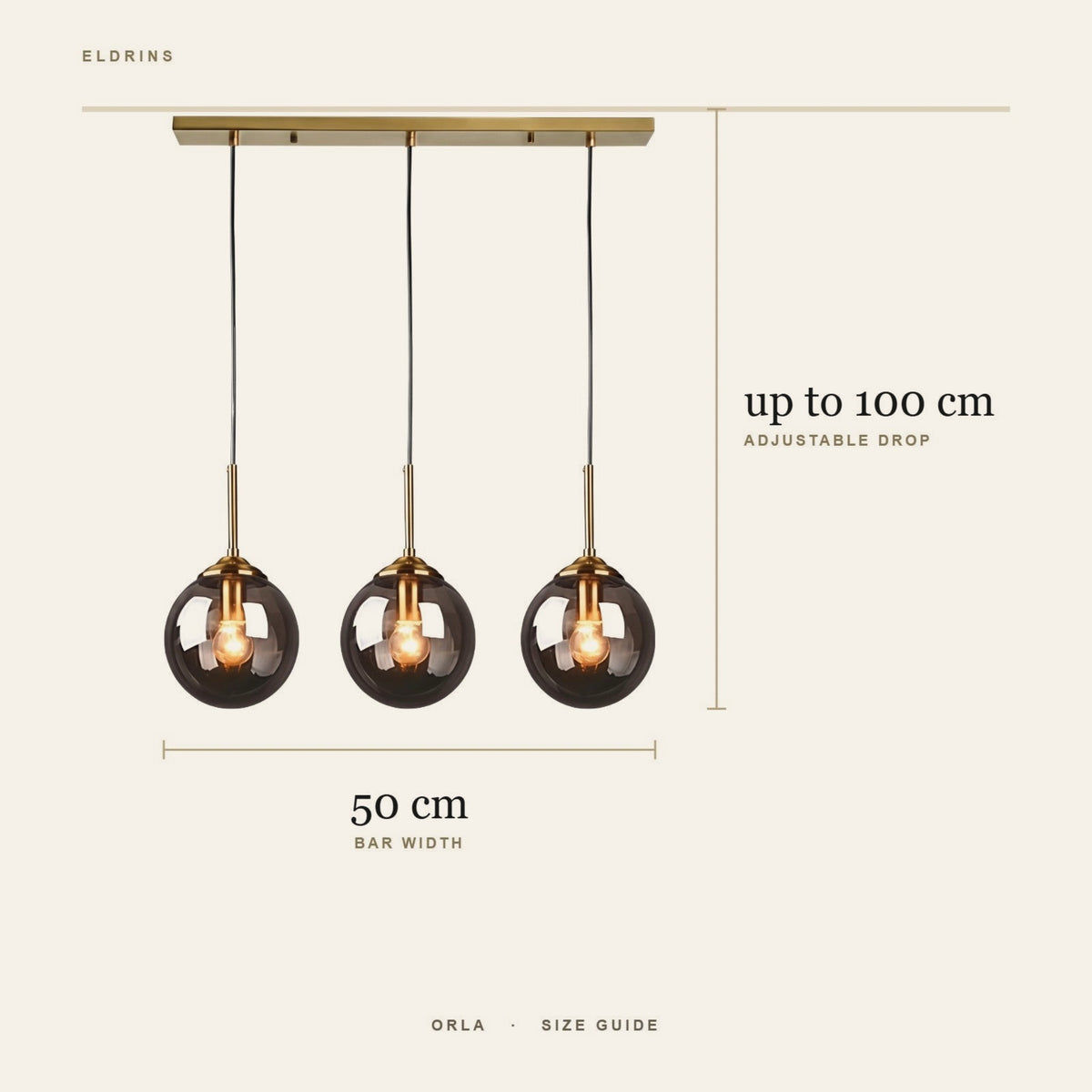 Orla size guide: 50 cm bar, adjustable drop up to 100 cm