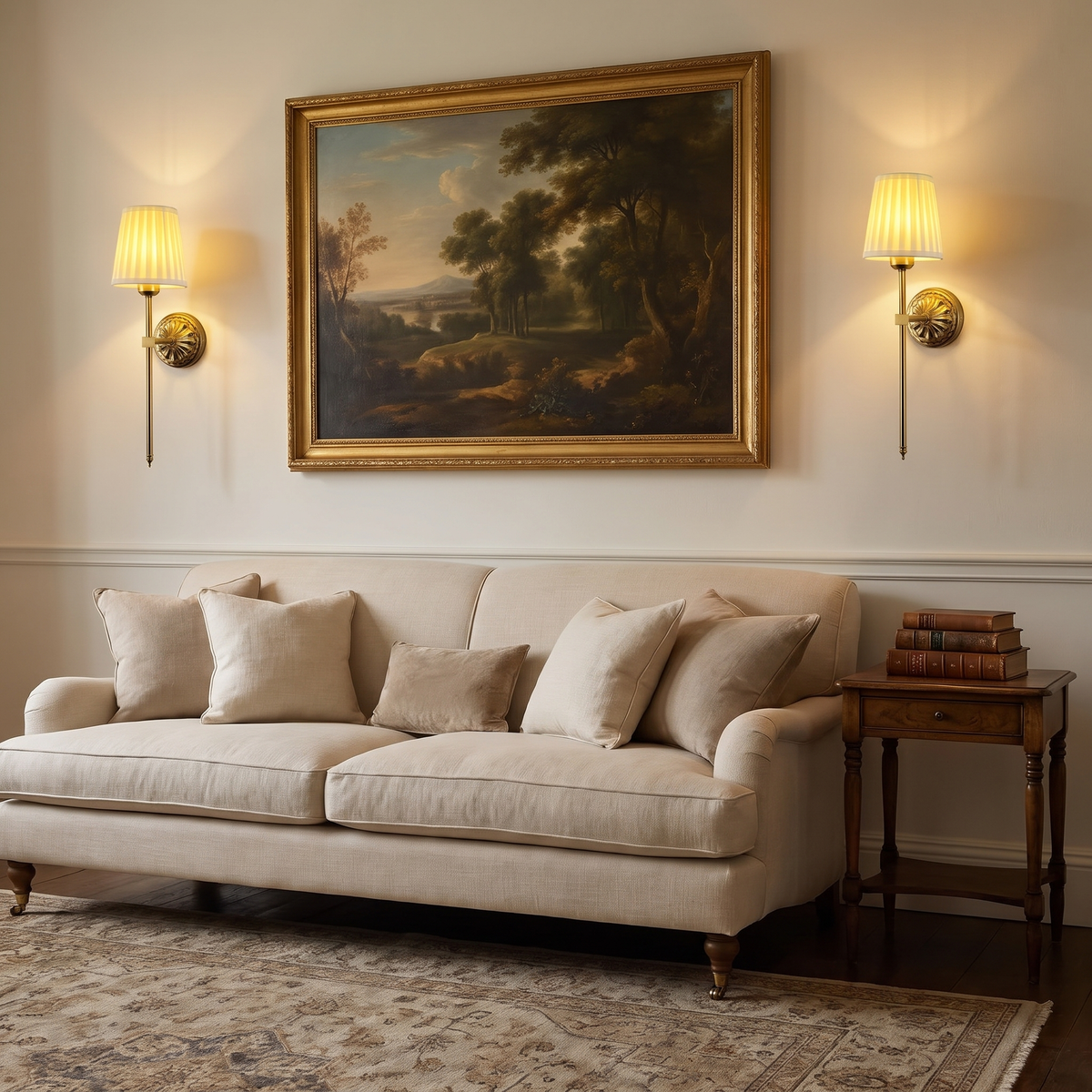 A pair of lit Palgrave wall lights either side of a gilt framed painting above a sofa