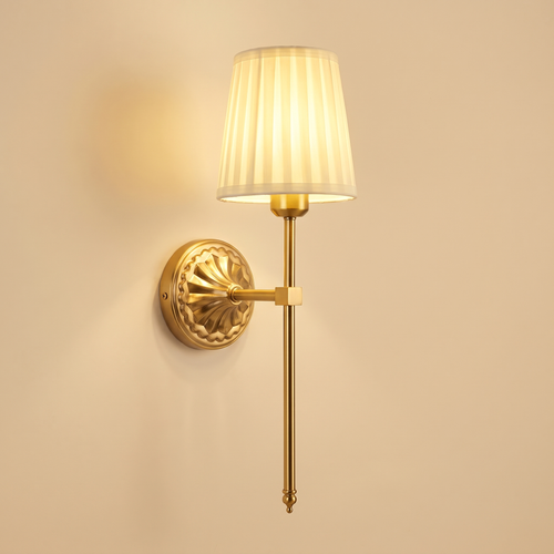 Palgrave rechargeable wall light, a slim gold finish stem with a rosette backplate and a cream pleated shade, lit, cream background