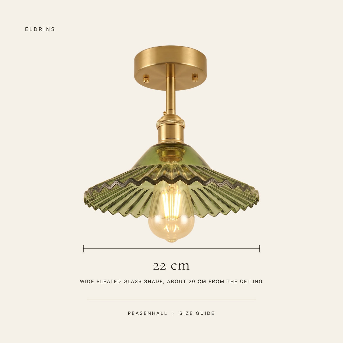 Peasenhall ceiling light size guide, 22 cm wide pleated shade, about 20 cm from the ceiling