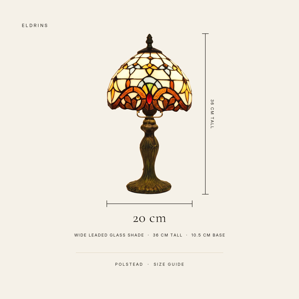 Polstead size guide: 20 cm wide leaded glass shade, 36 cm tall, 10.5 cm base