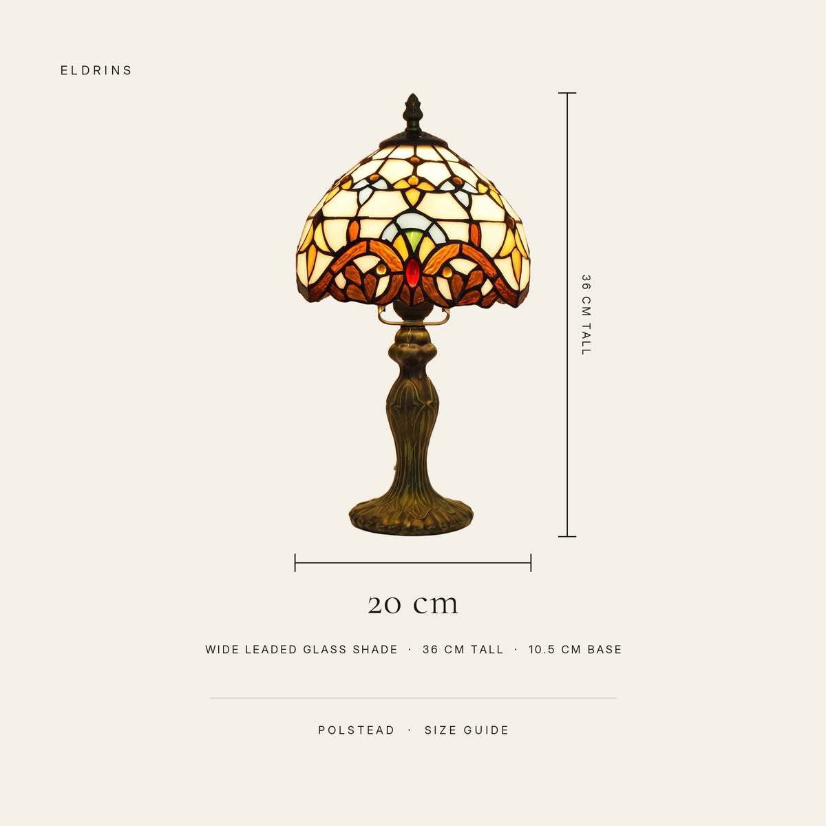 Polstead size guide: 20 cm wide leaded glass shade, 36 cm tall, 10.5 cm base