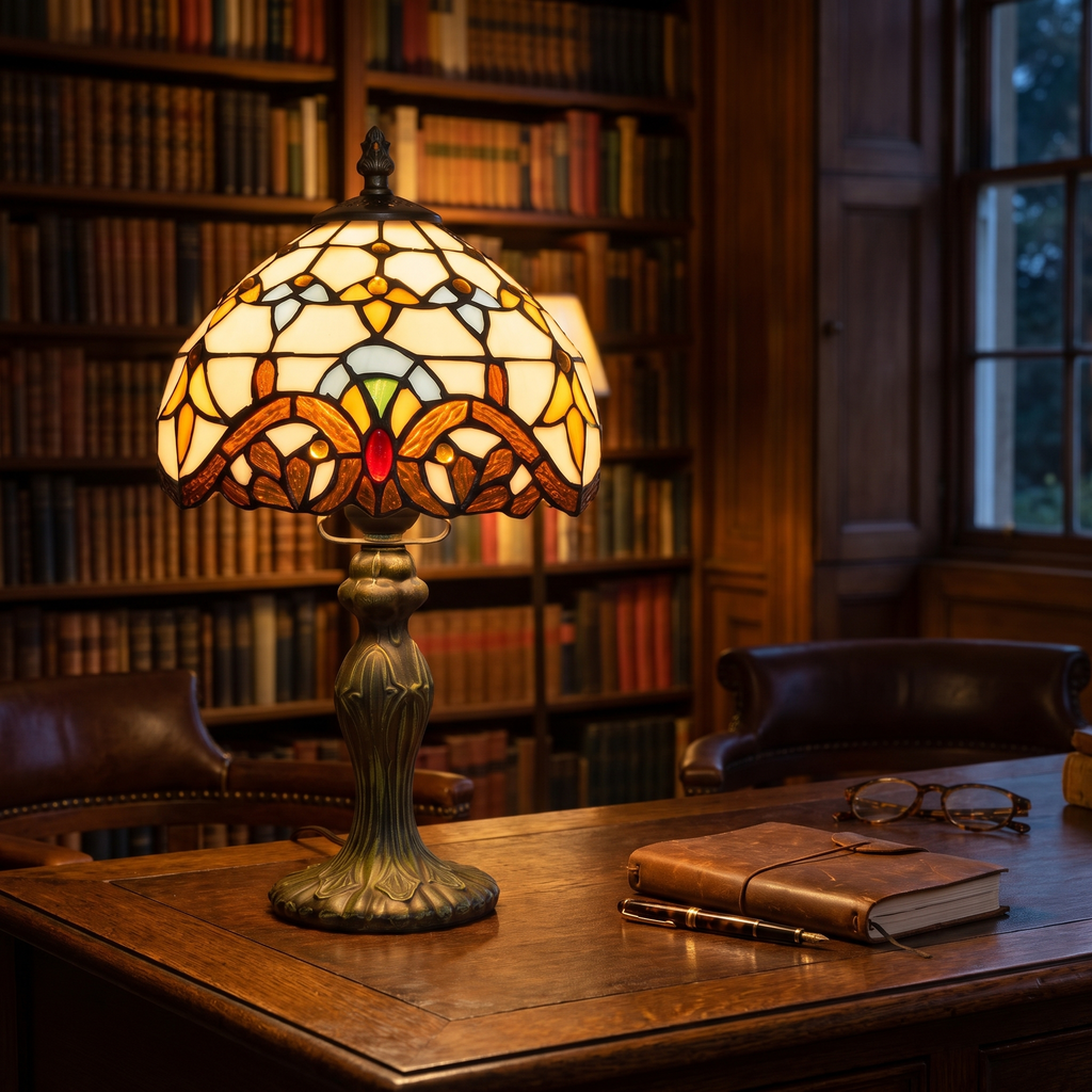 Polstead baroque stained glass lamp lit on a dark wood writing desk in a study