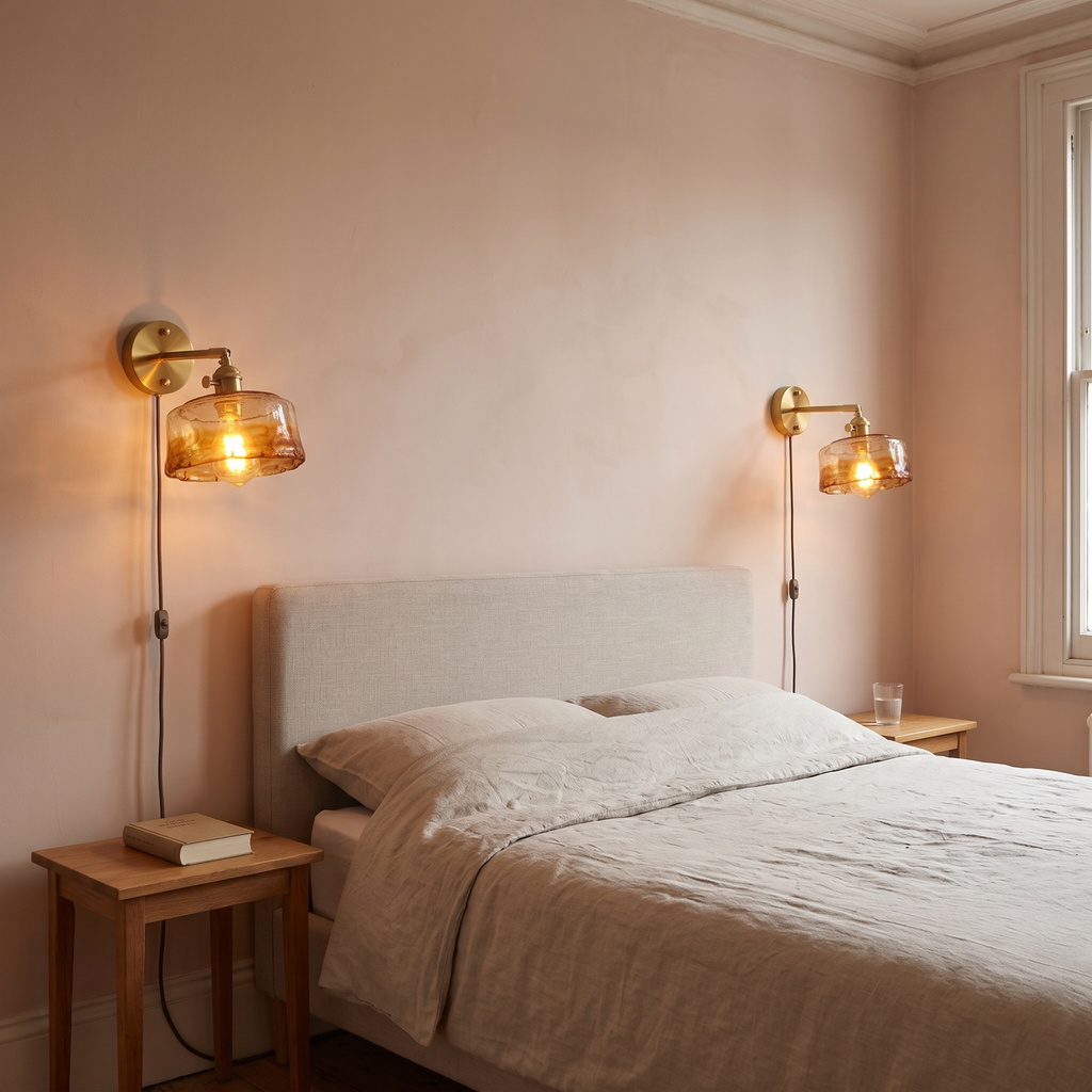 Two lit Redgrave plug in wall lights with amber drum shades either side of a bed on a plaster pink wall