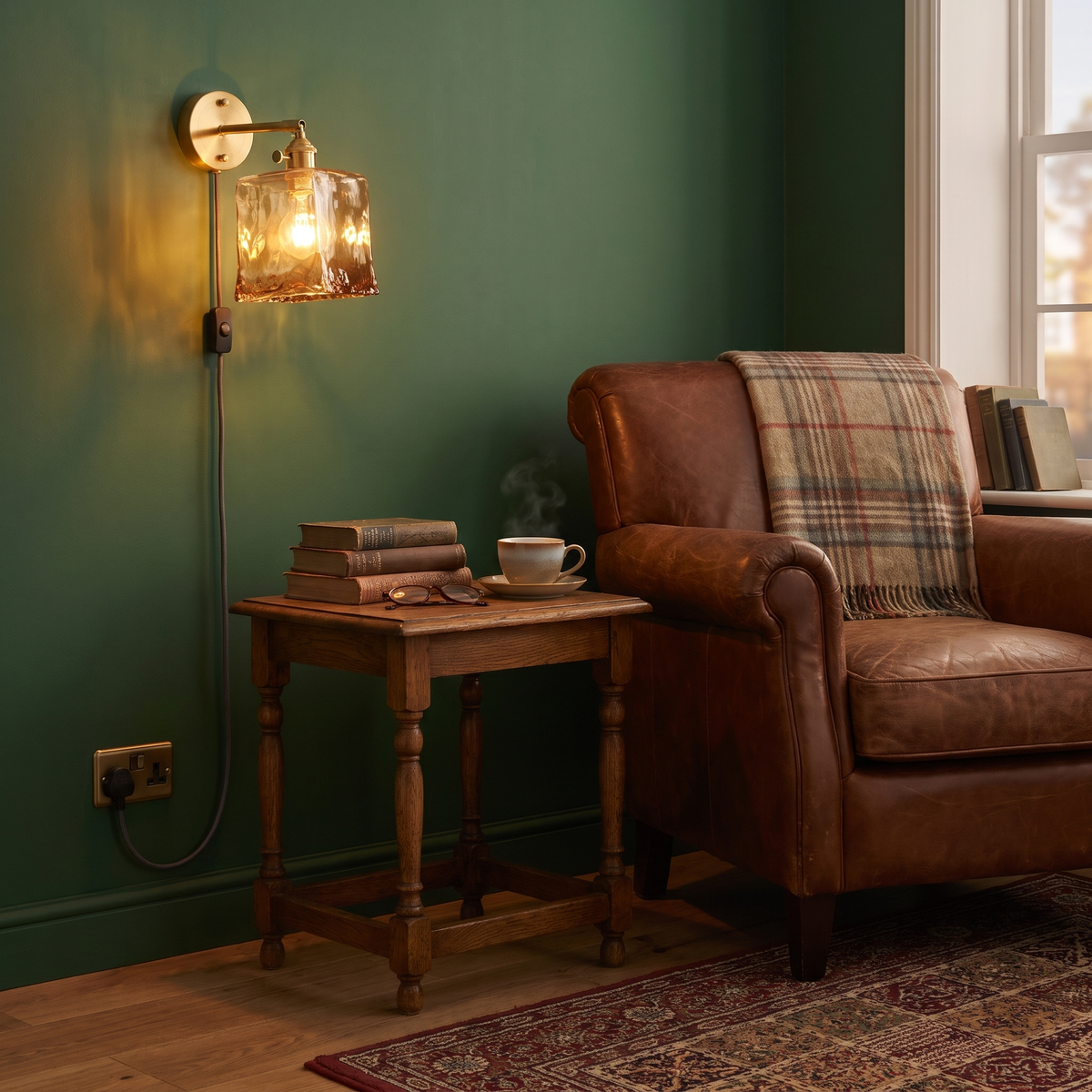 A lit Redgrave plug in wall light with a tall square amber shade beside a leather armchair on a green wall