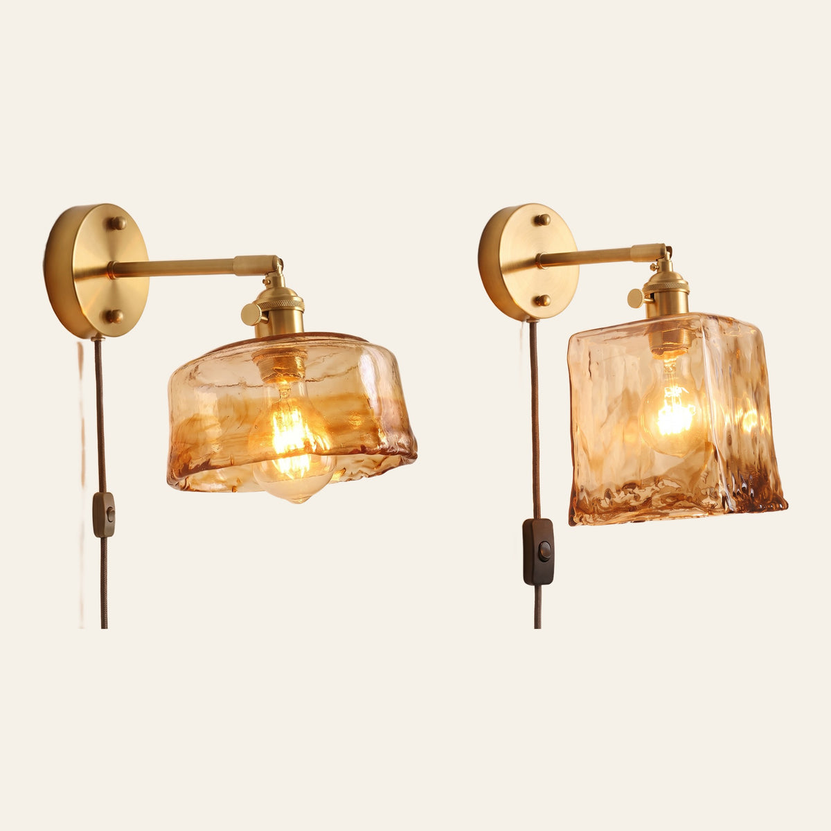 The Redgrave plug in wall light with the drum shade and with the tall square shade side by side