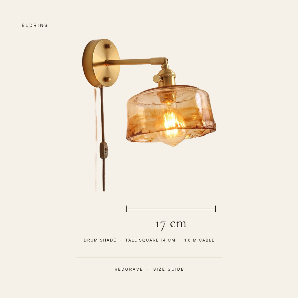 Redgrave wall light size guide: 17 cm drum shade, tall square 14 cm, 1.8 m cable