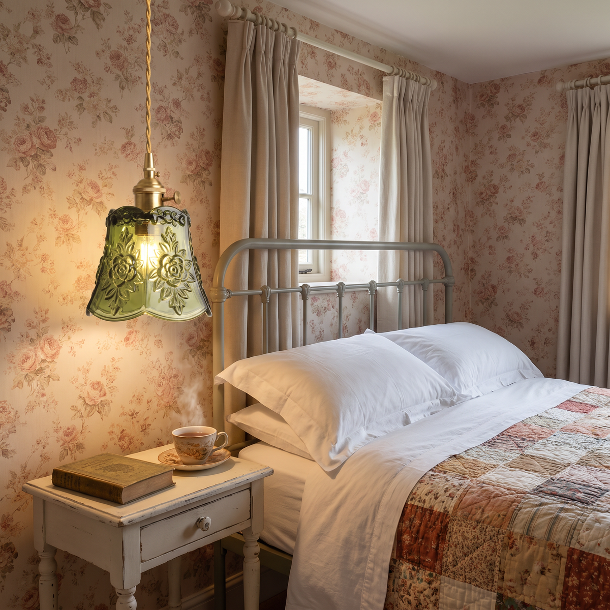 Green Rendham rose glass pendant hung low beside a bed in a cottage bedroom