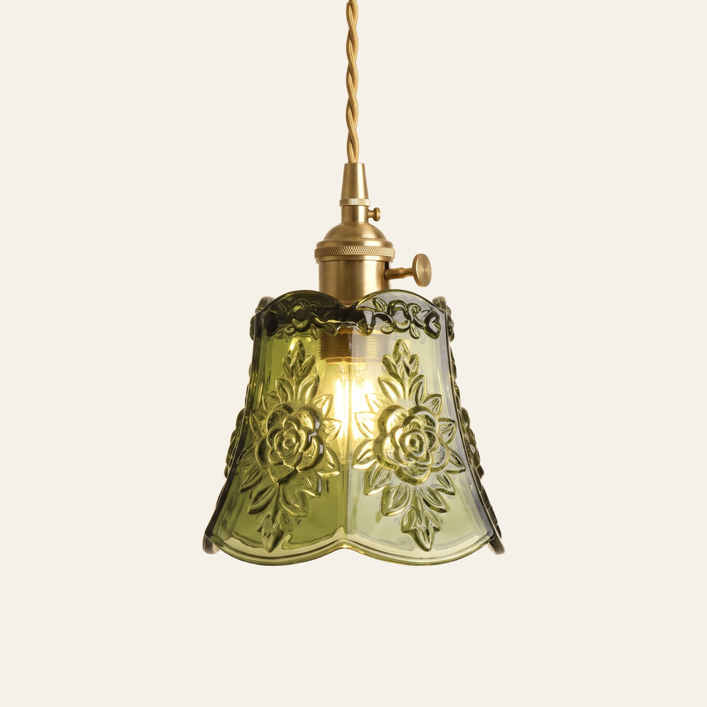 Rendham rose glass pendant light: olive green pressed glass bell embossed with roses on a brass holder, cream background
