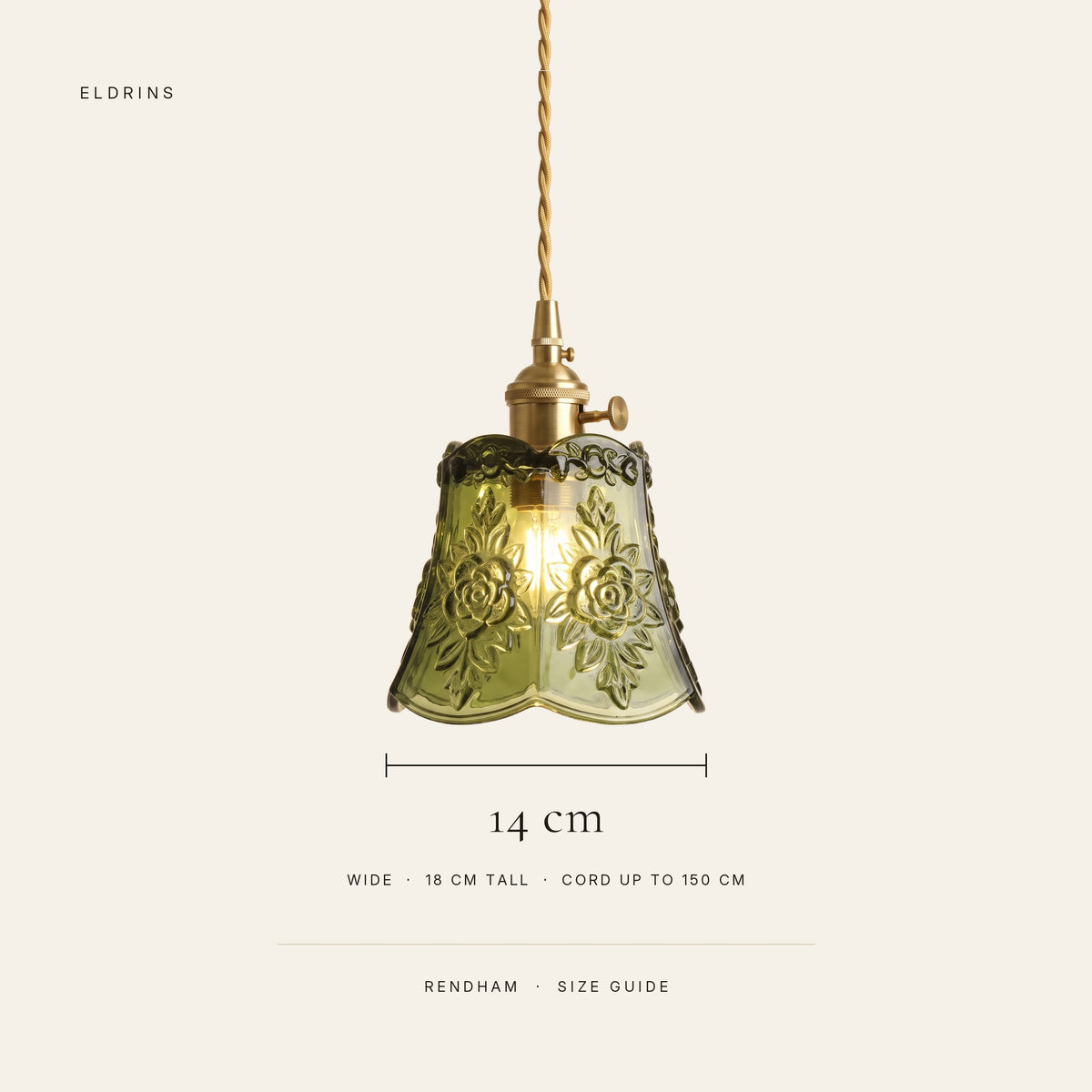 Rendham size guide: 14 cm wide embossed glass bell, 18 cm tall with the holder, cord up to 150 cm