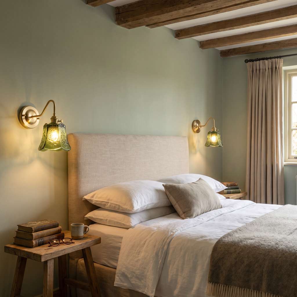 A pair of green Rendham rose glass wall lights lit either side of a bed
