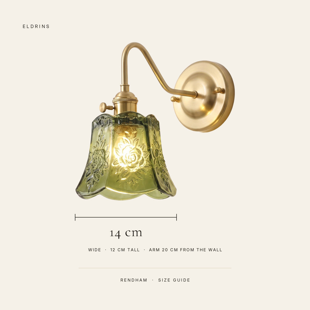 Rendham wall light size guide: 14 cm wide, 12 cm tall glass bell, arm 20 cm from the wall, 12 cm round wall plate