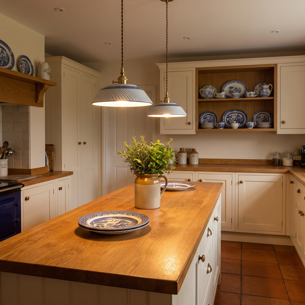 Two lit Reydon blue and white ceramic pendant lights in a row over an oak kitchen island in a cottage kitchen
