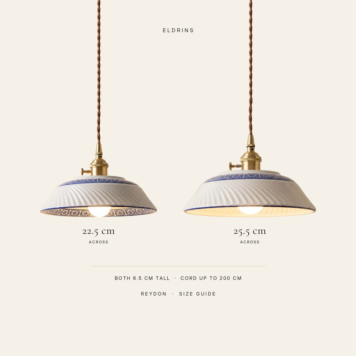 Reydon pendant light size guide: 22.5 cm or 25.5 cm across, 6.5 cm tall, cord up to 200 cm