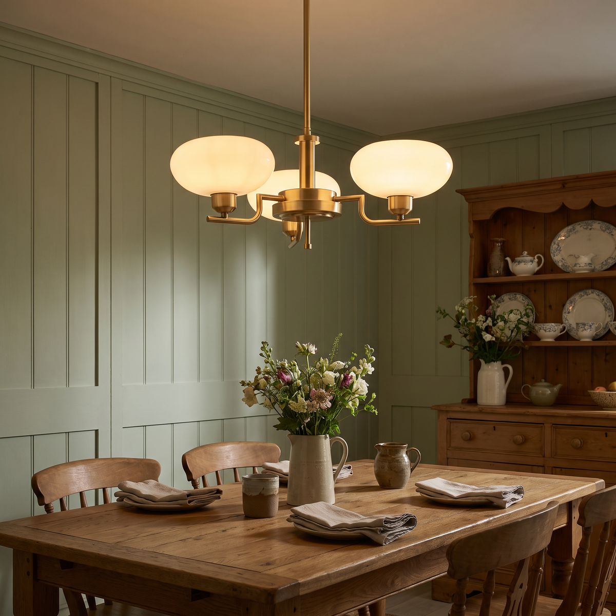 A lit three arm Saxmundham chandelier over an oak dining table