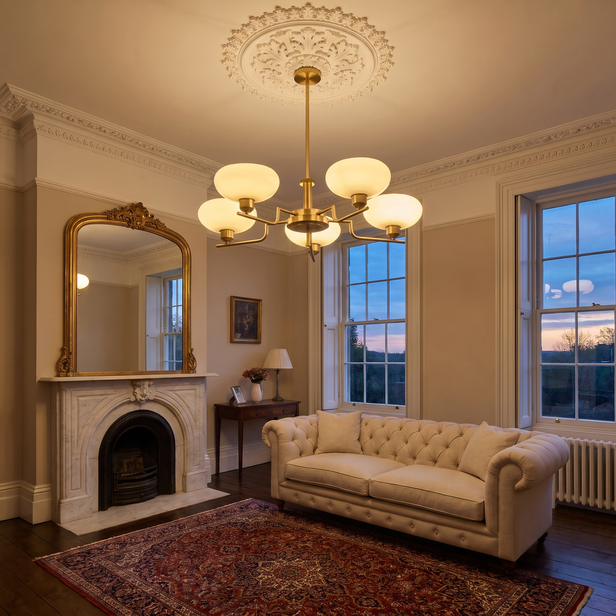 A lit five arm Saxmundham cream glass chandelier below a plaster ceiling rose in a period sitting room