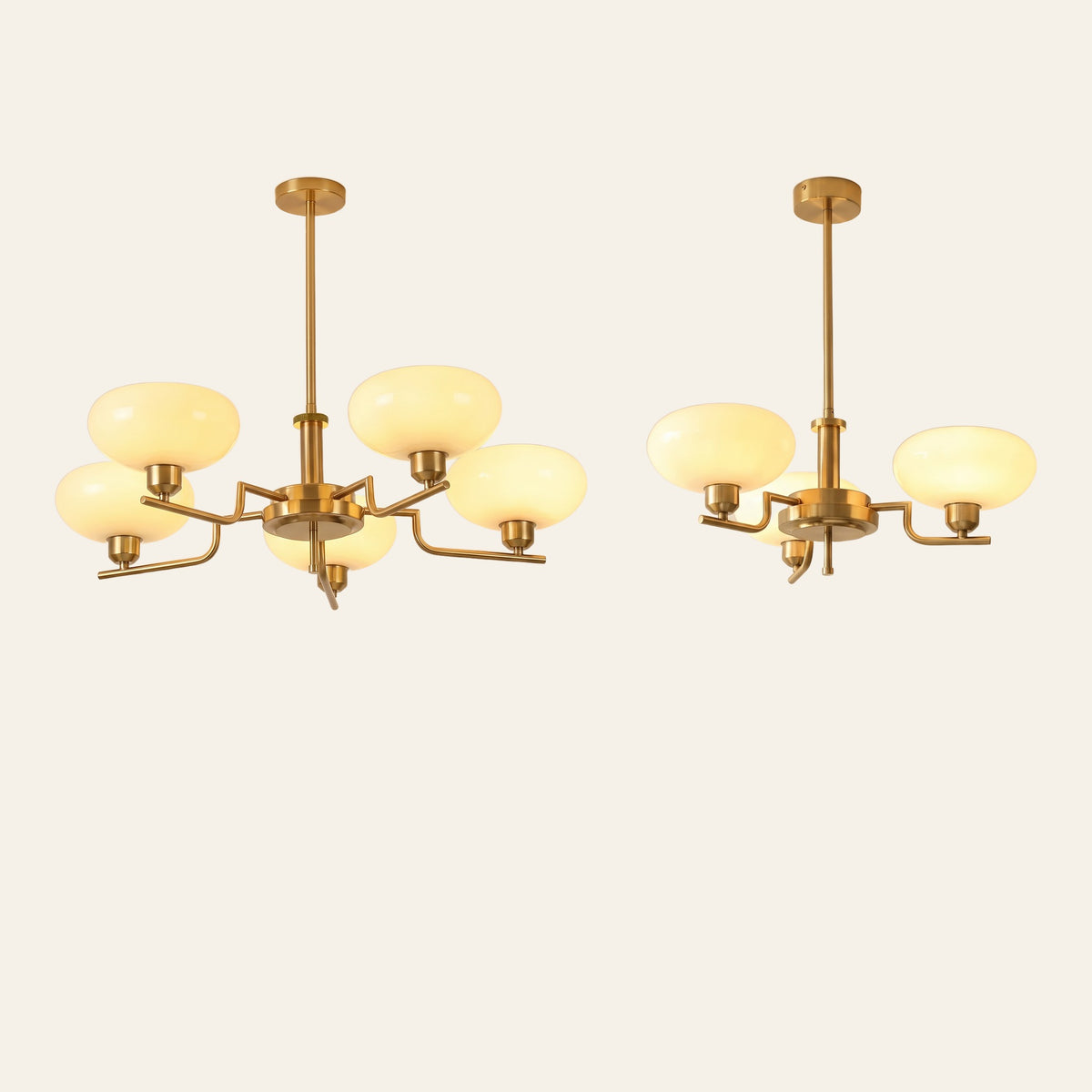 The Saxmundham chandelier in its 3 arm and 5 arm sizes side by side