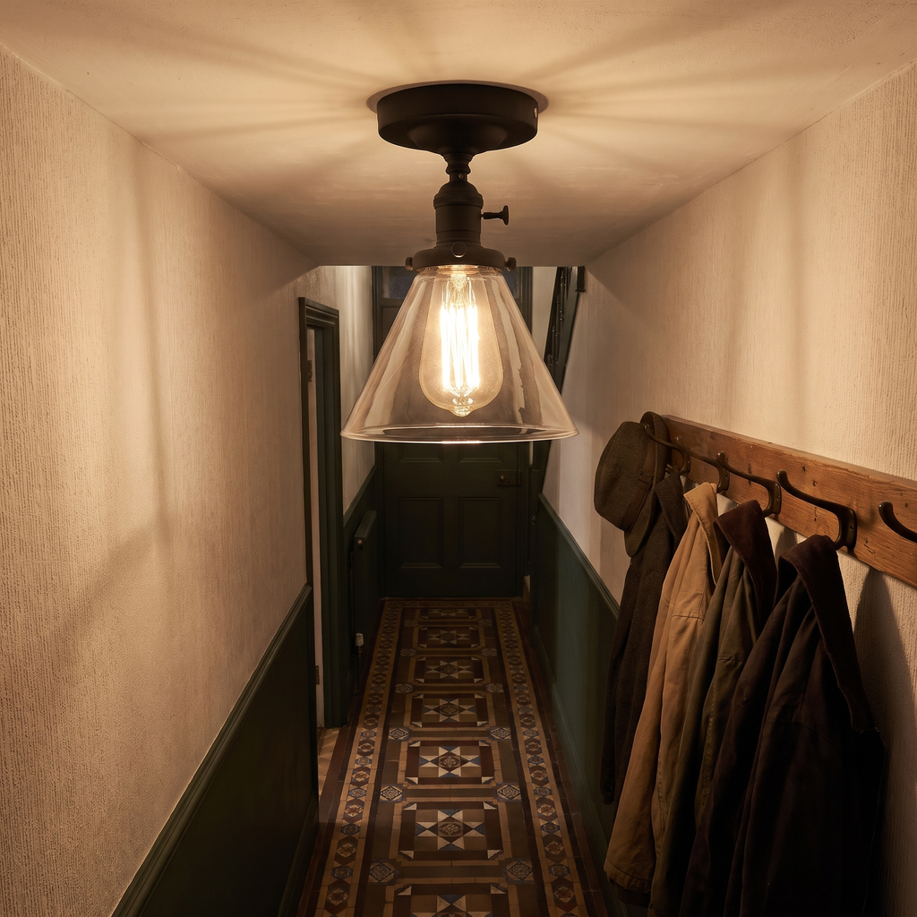 A lit black Shotley cone ceiling light in a tiled Victorian hallway