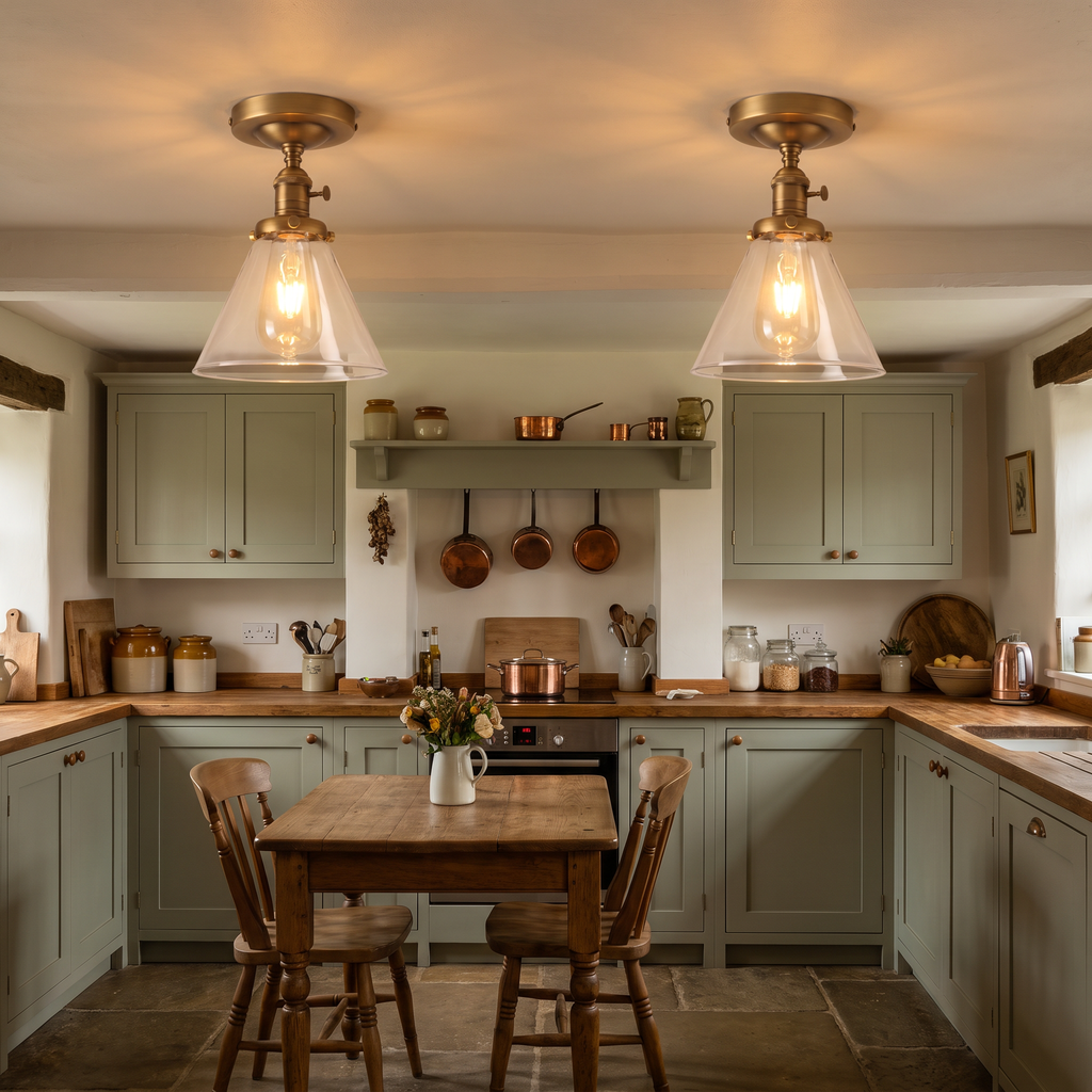 Two lit Shotley antique brass cone ceiling lights over the worktop of a cottage kitchen