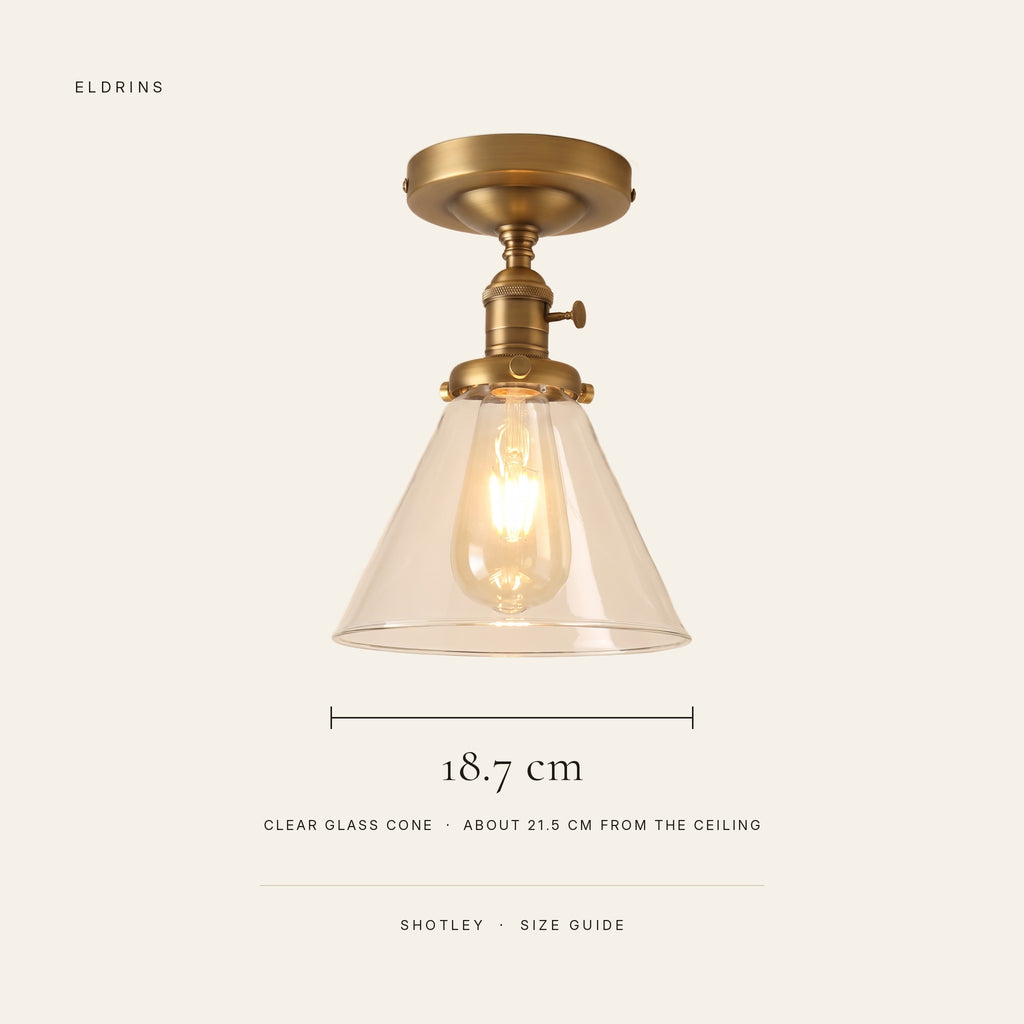 Shotley ceiling light size guide: 18.7 cm clear glass cone, about 21.5 cm from the ceiling