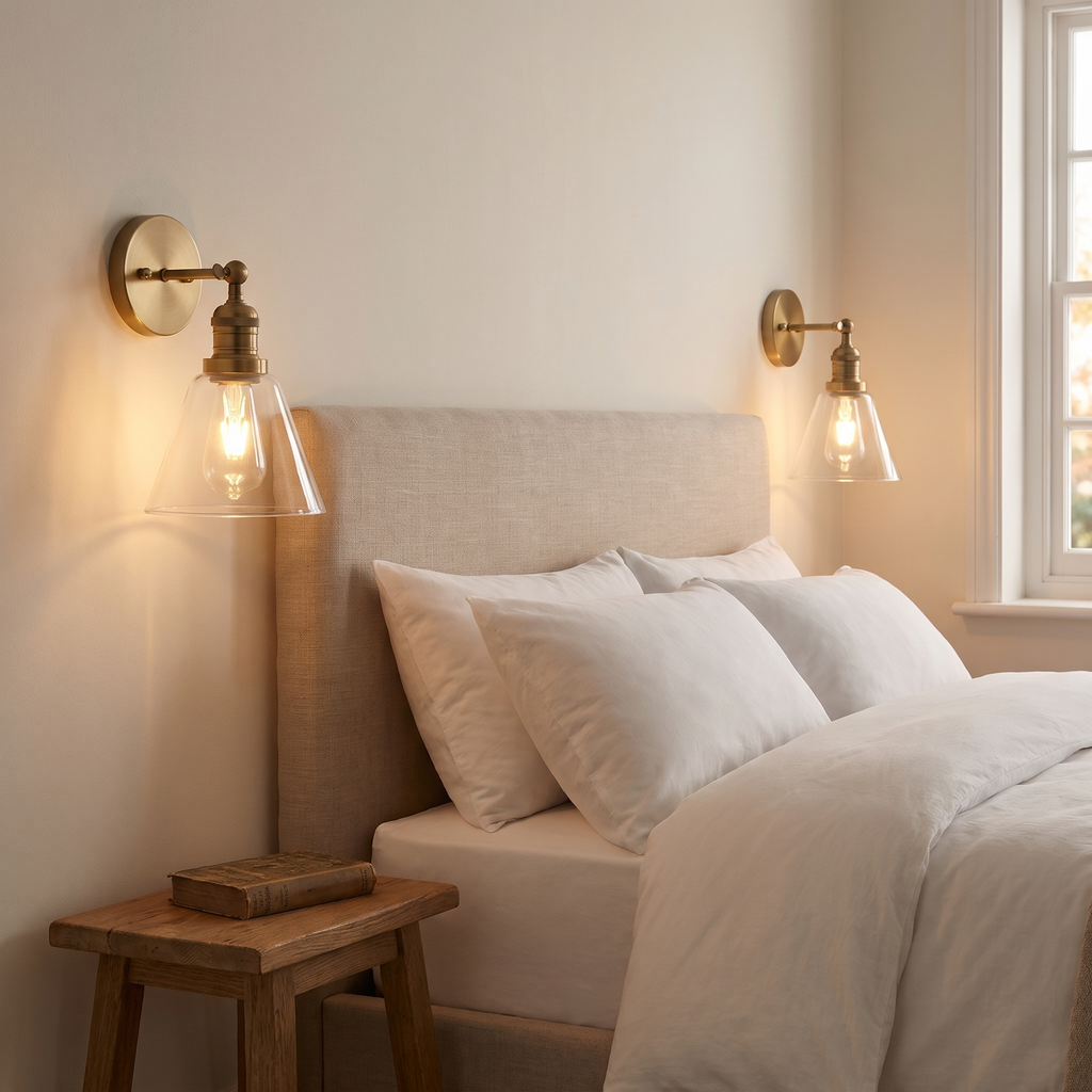 Two lit Shotley antique brass wall lights either side of a bed with a linen headboard