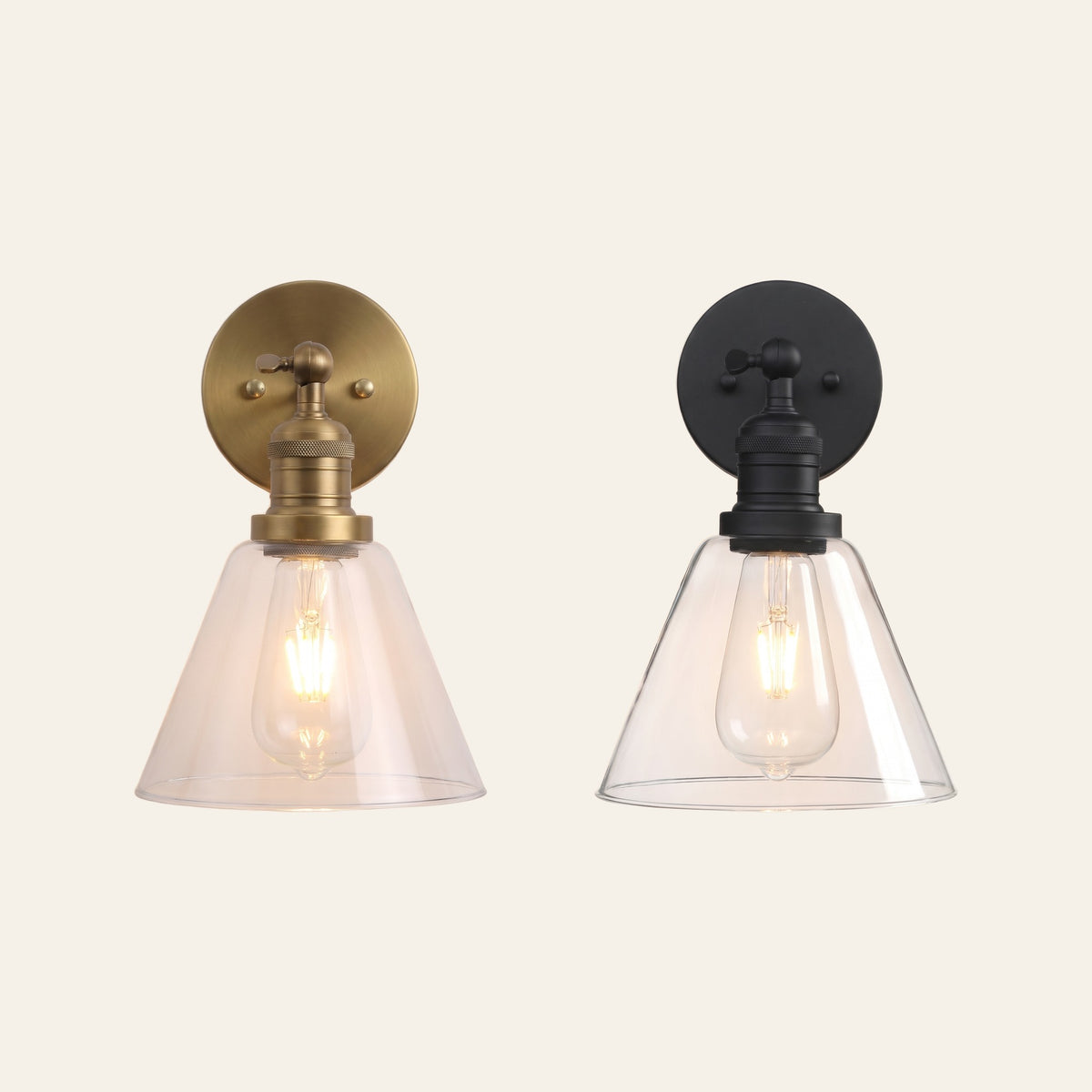 The Shotley wall light in antique brass and in black side by side