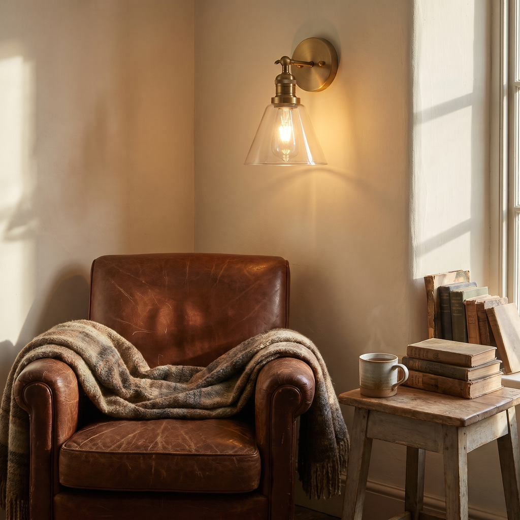 A lit Shotley antique brass wall light above a leather armchair in a reading corner