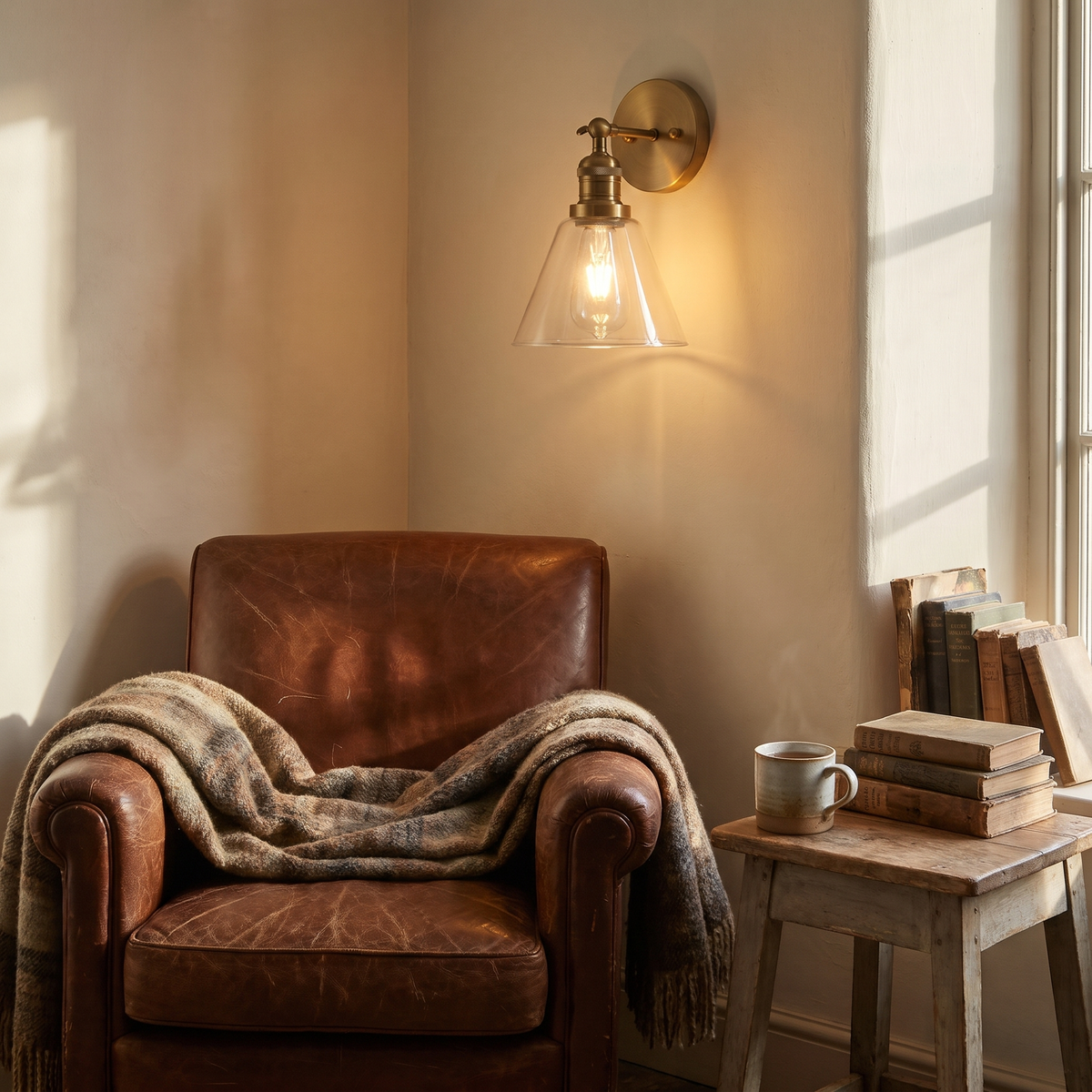 A lit Shotley antique brass wall light above a leather armchair in a reading corner