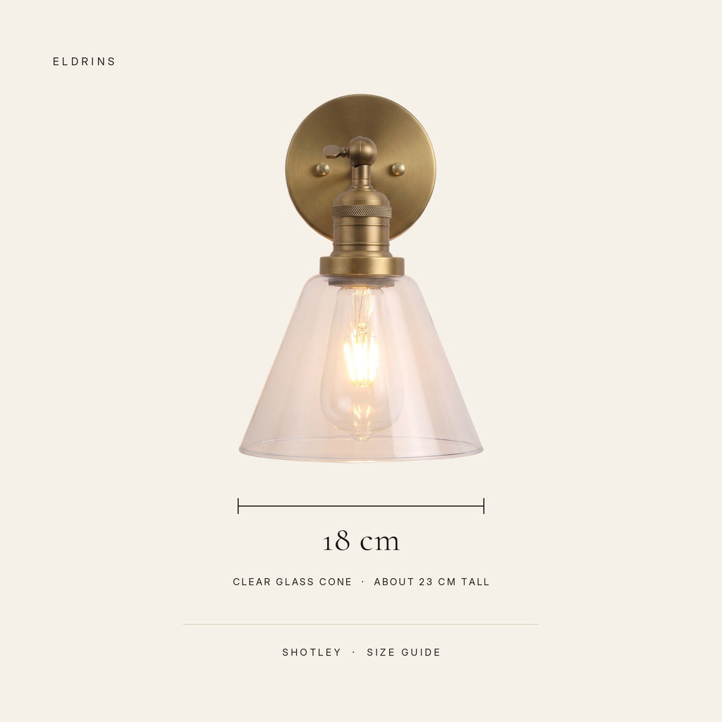 Shotley wall light size guide: 18 cm clear glass cone, about 23 cm tall