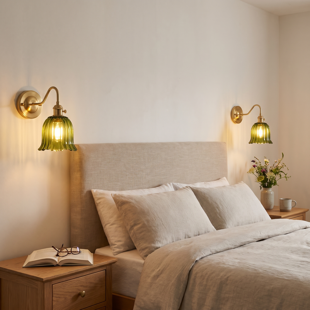 A pair of green Sibton fluted glass wall lights lit either side of a bed with a linen headboard