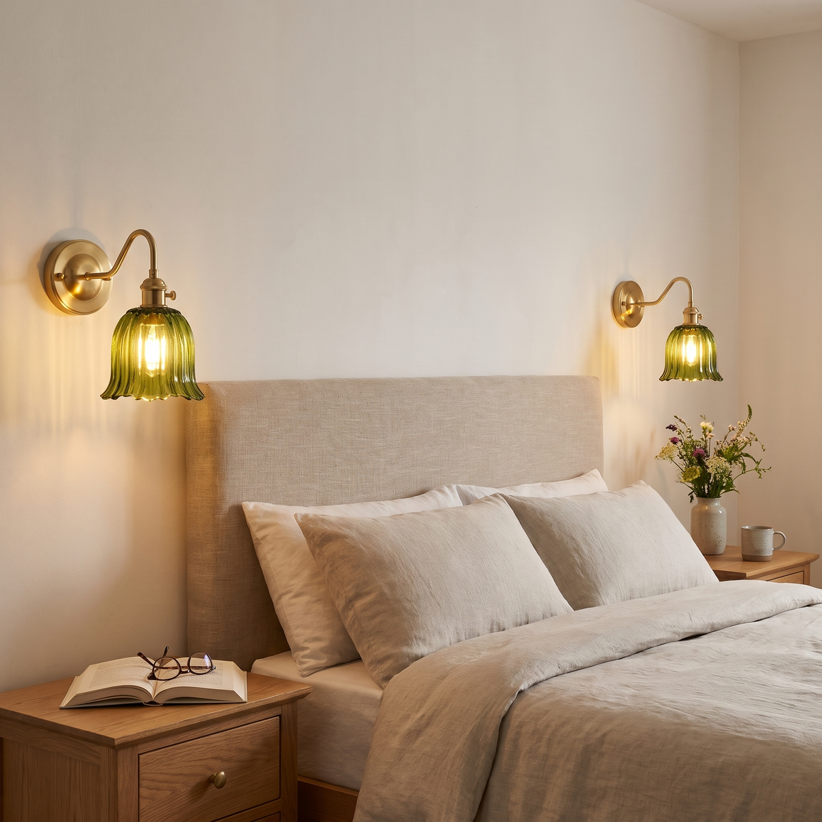 A pair of green Sibton fluted glass wall lights lit either side of a bed with a linen headboard
