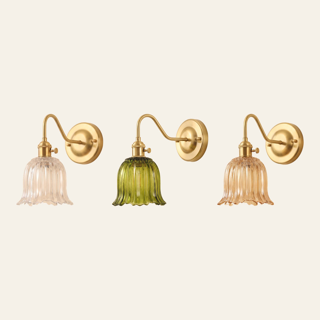 Sibton fluted glass wall lights in clear, green and amber side by side