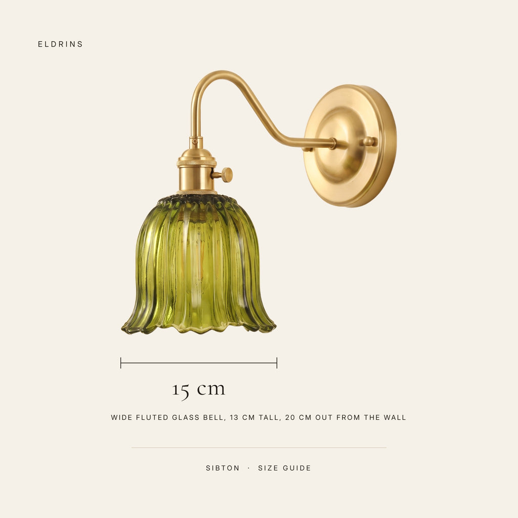 Sibton wall light size guide, 15 cm wide and 13 cm tall fluted glass bell, 20 cm out from the wall
