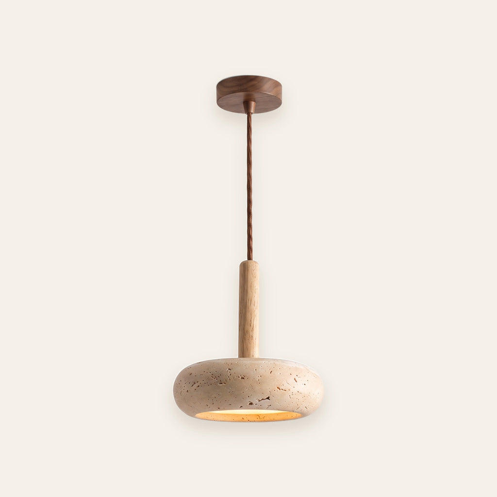 Siena travertine disc pendant light with light wood stem