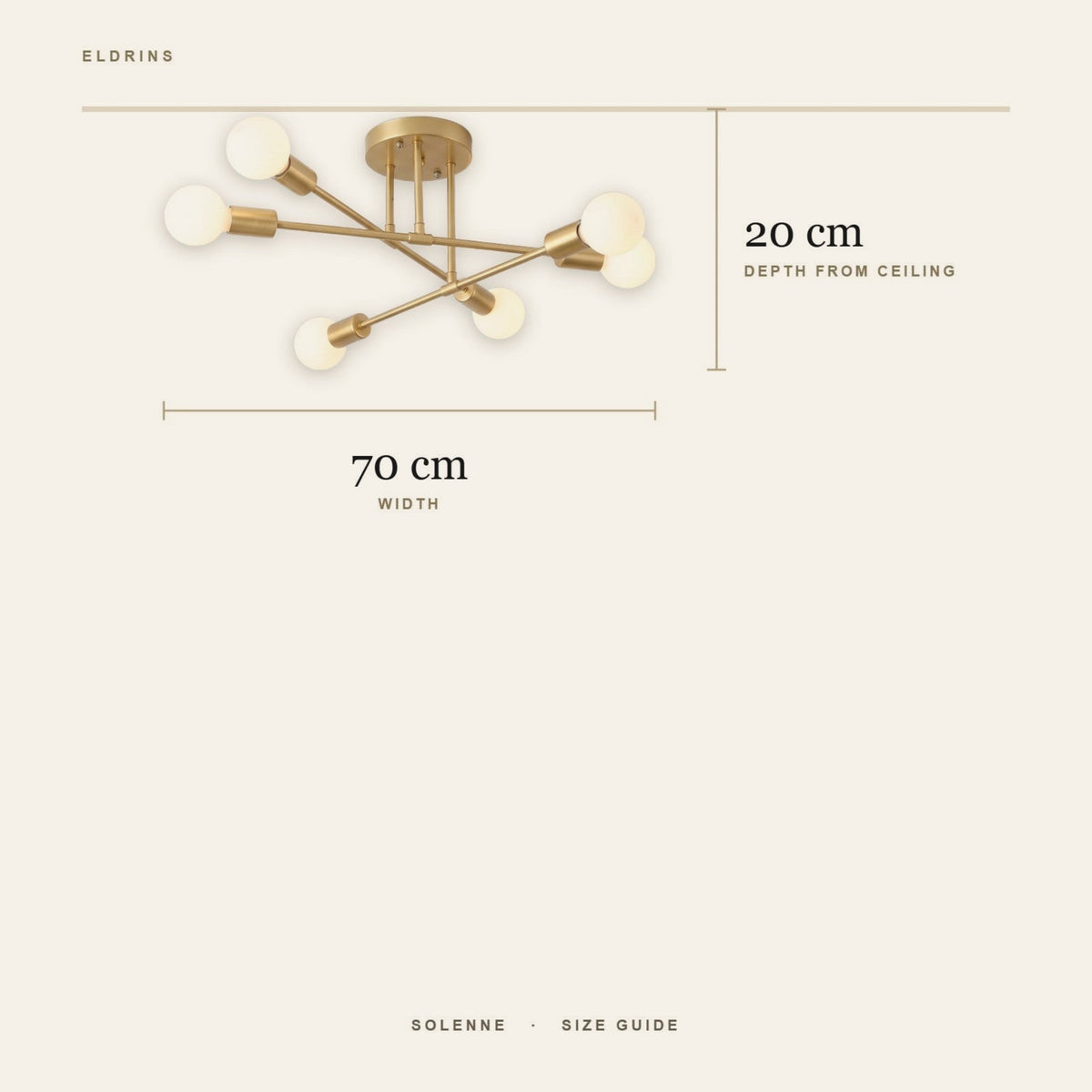 Solenne ceiling light size guide: 70 cm wide, 20 cm deep