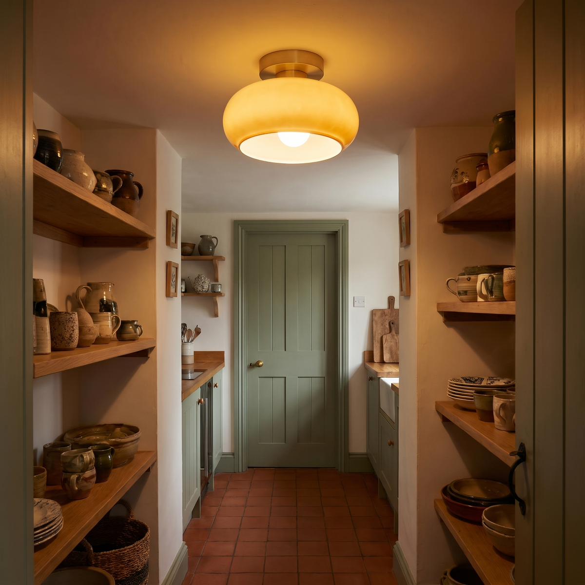 A lit caramel Stradbroke ceiling light in a narrow cottage pantry lined with shelves