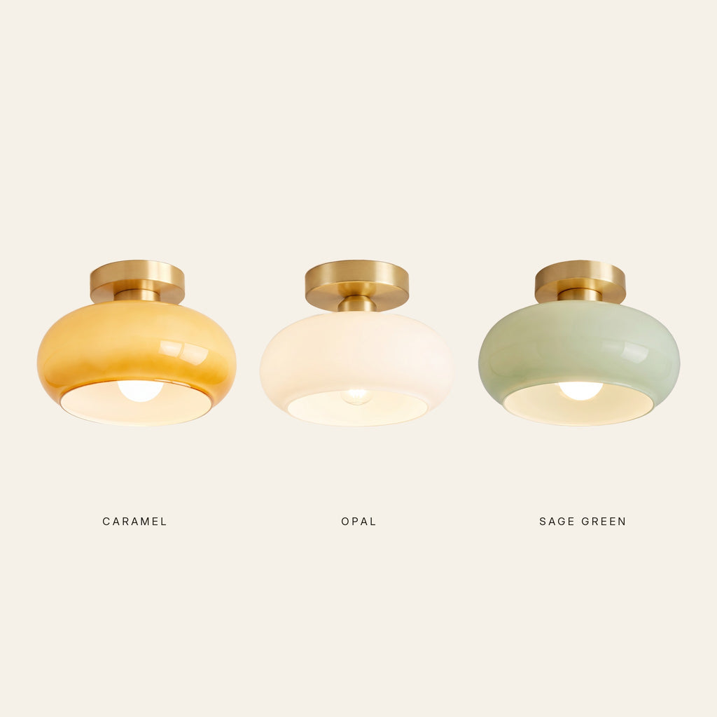 The Stradbroke ceiling light in caramel, opal and sage green side by side