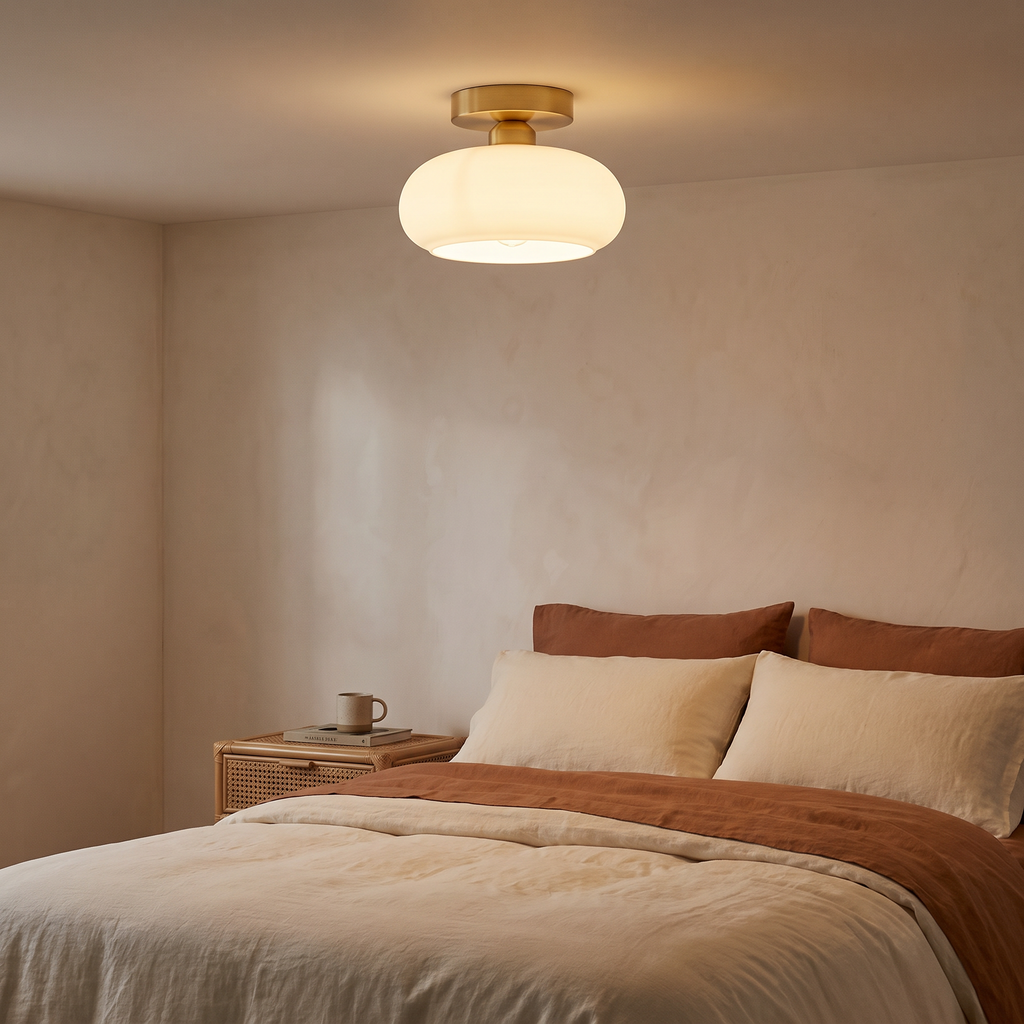 A lit opal Stradbroke ceiling light above a bed in a calm plaster walled bedroom