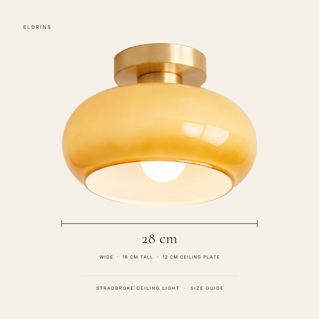 Stradbroke ceiling light size guide: 28 cm wide, 16 cm tall, 12 cm ceiling plate