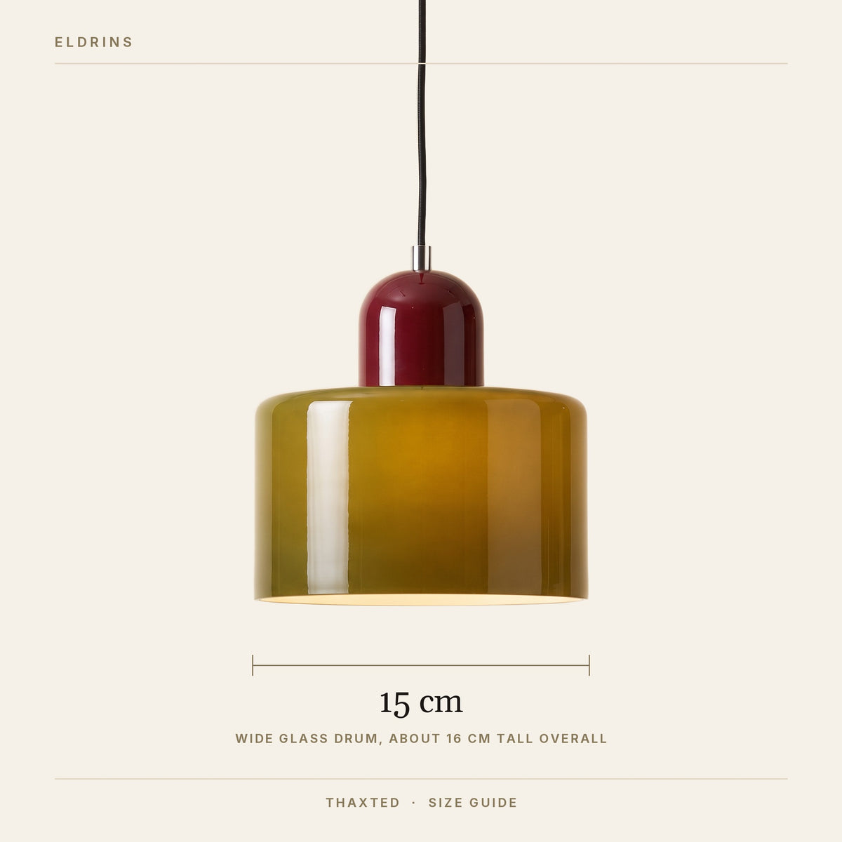Thaxted pendant light size guide, 15 cm wide glass drum, about 16 cm tall overall