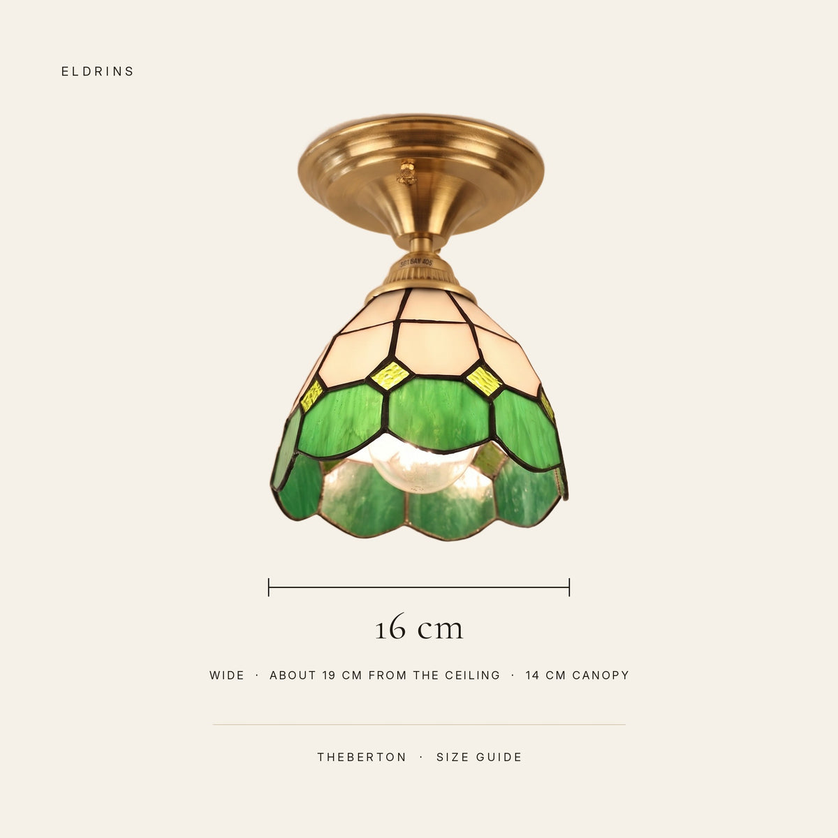 Theberton size guide: 16 cm wide, about 19 cm from the ceiling, 14 cm canopy