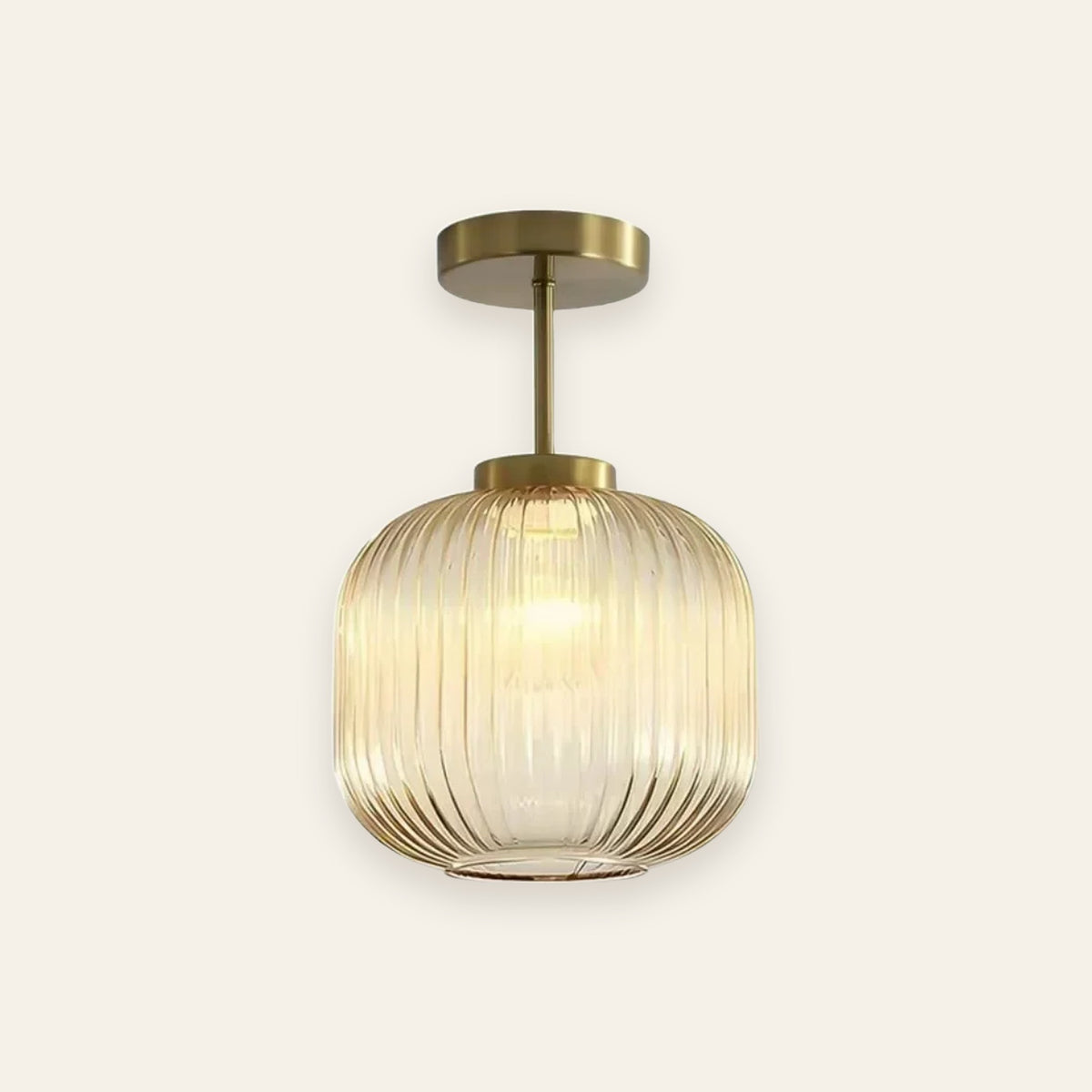 Thornbury ribbed glass semi flush ceiling light in amber, cream background