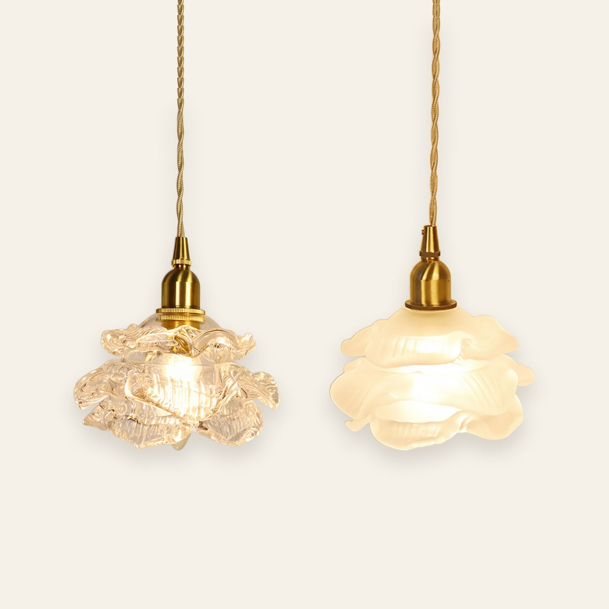 Thorpeness pendant light in clear and frosted rose glass side by side