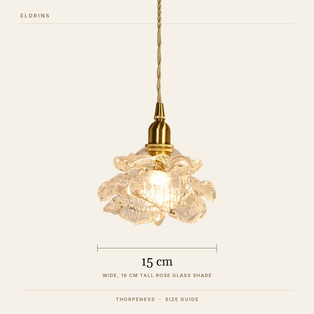 Thorpeness pendant light size guide, 15 cm wide, 16 cm tall rose glass shade