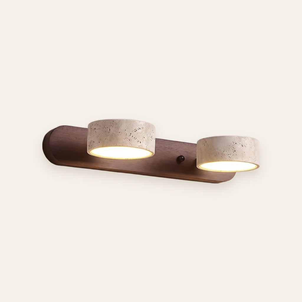 Tivoli travertine duo wall light with walnut back plate, cream background