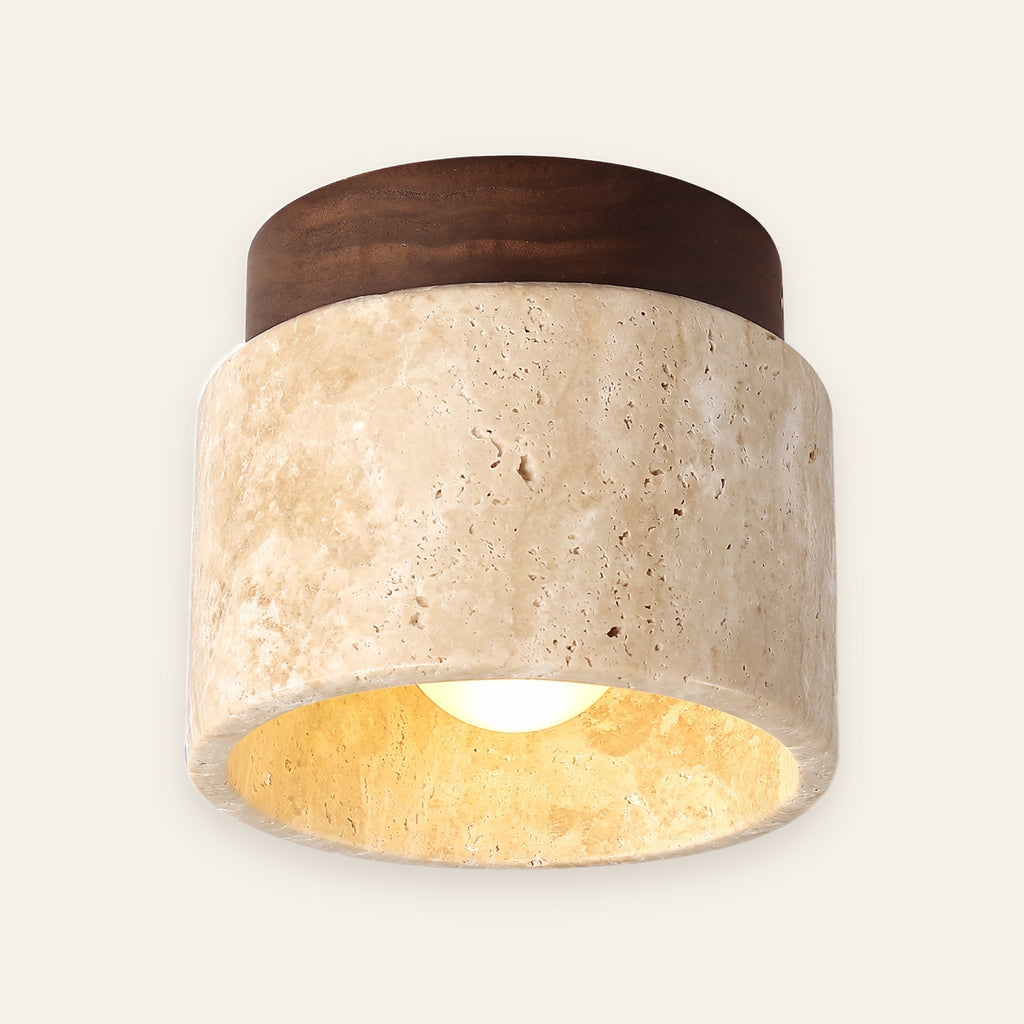 Tivoli travertine flush ceiling light on a walnut base, cream background