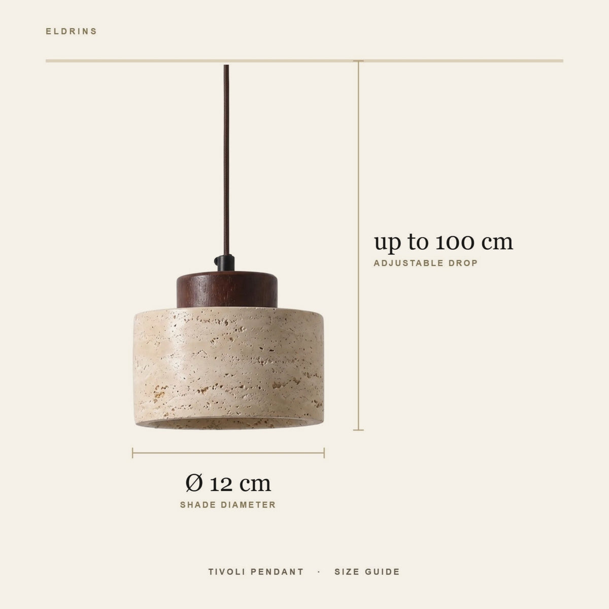 Tivoli pendant size guide: 12 cm shade diameter, adjustable drop up to 100 cm